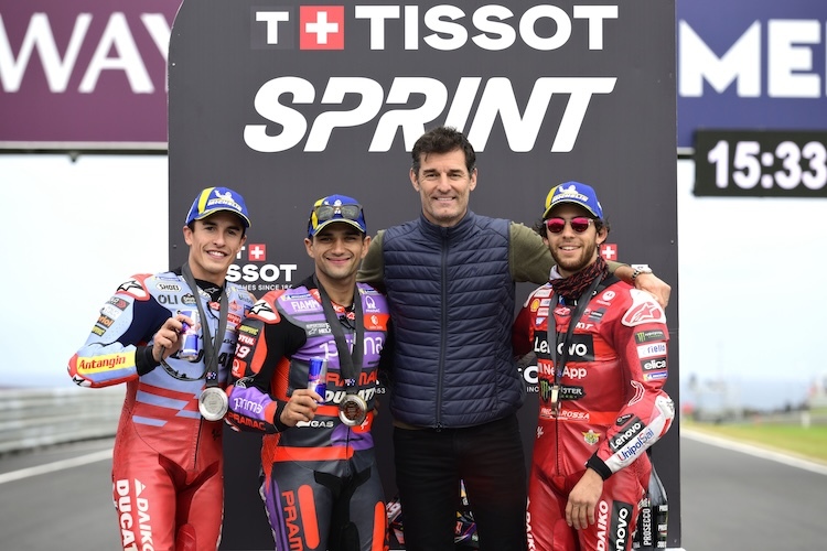 Sprint-Podium mit Martin, Marquez, Bastianini und Australiens F1-Held Mark Webber