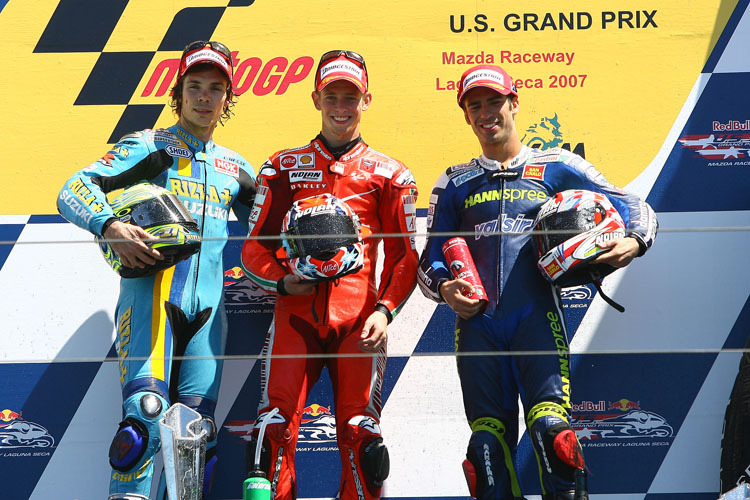 2007: Marco Melandri als Dritter auf dem MotoGP-Podium