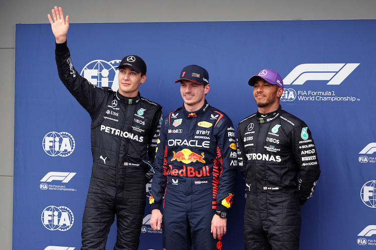 George Russell, Max Verstappen und Lewis Hamilton