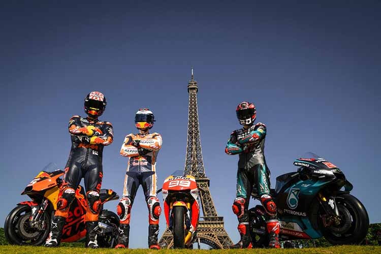 Werbetrommel für den GP de France: Zarco, Lorenzo und Quartararo vor dem Eiffelturm