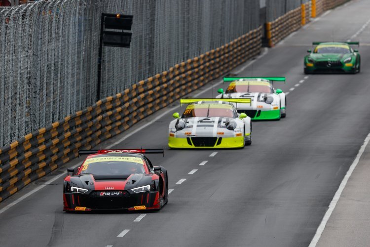 Die Protagonisten in Macau: Vanthoor (Audi), Bamber und Estre (Porsche) sowie Engel (Mercedes-AMG)