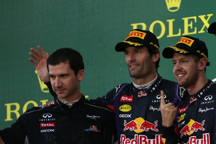 Remi Taffin mit Mark Webber und Sebastian Vettel