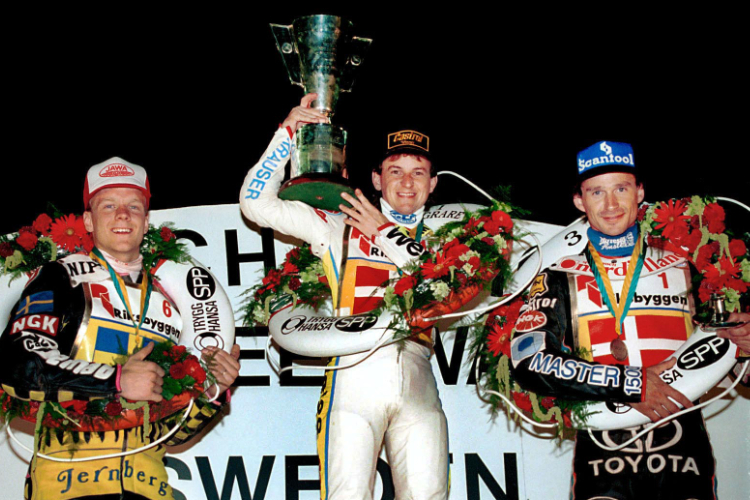 1991 wurde Jan O. Pedersen Weltmeister: Links Tony Rickardsson, rechts Hans Nielsen