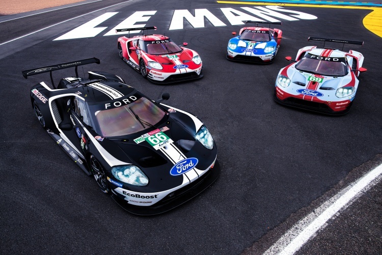 Die vier Werkswagen von Ford im Retro-Design für die 24h von Le Mans 2019