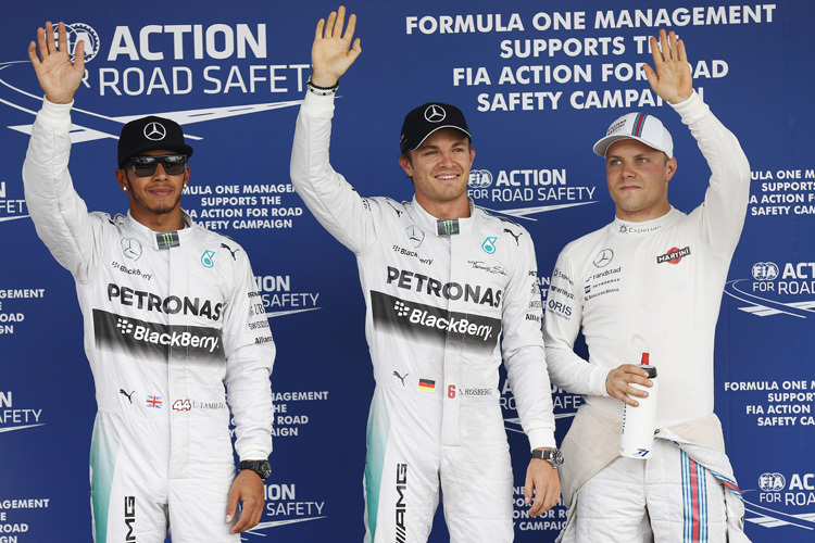 Die schnellsten Drei von Suzuka: Lewis Hamilton (2.), Nico Rosberg (1.), Valtteri Bottas (3.)