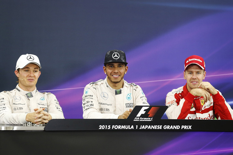 Nico Rosberg, Lewis Hamilton und Sebastian Vettel nach dem Japan-GP