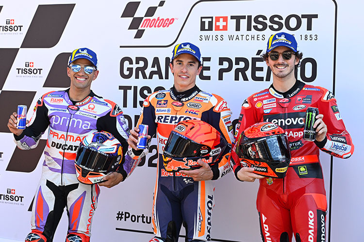 Die Top-3 des Qualifyings 2: Marrtin (3.), Márquez (1.) und Bagnaia (2.)