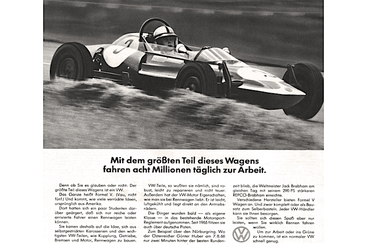 Erste offizielle VW-Anzeige in Sachen Formel V nach dem Grand Prix von Deutschland in zahlreichen Tageszeitungen 1967