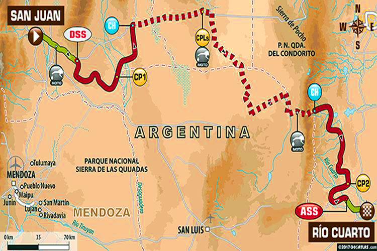 Streckenverlauf der 11. Dakar-Etappe von San Juan nach Rio Cuarto