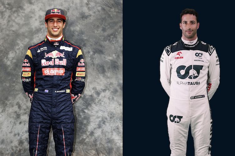 Zwischen diesen Bildern liegen zehn Jahre: Daniel Ricciardo 2013 bei Toro Rosso und 2023 bei AlphaTauri