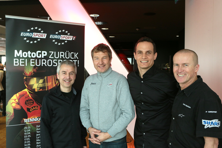 Das TV-Team von Eurosport: Dirk Raudies, Ron Ringguth, Alex Hofmann und Lenz Leberkern