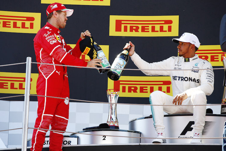 Prösterchen: Sebastian Vettel und Lewis Hamilton