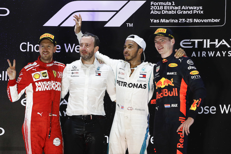 Sebastian Vettel, Lewis Hamilton und Max Verstappen in Abu Dhabi 2018