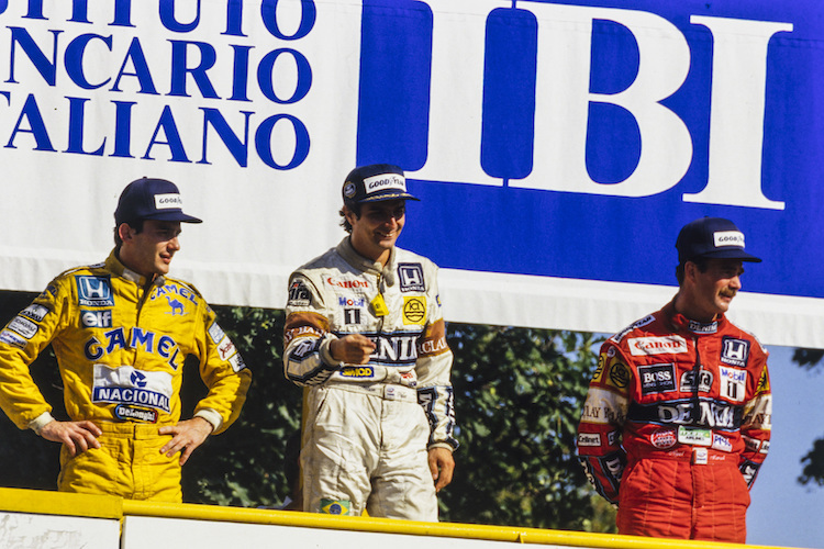 Ayrton Senna, Nelson Piquet und Nigel Mansell 1987 in Monza