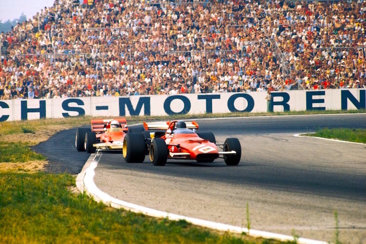 Jacky Ickx (Ferrari) gegen Jochen Rindt (Lotus) in Hockenheim 1970