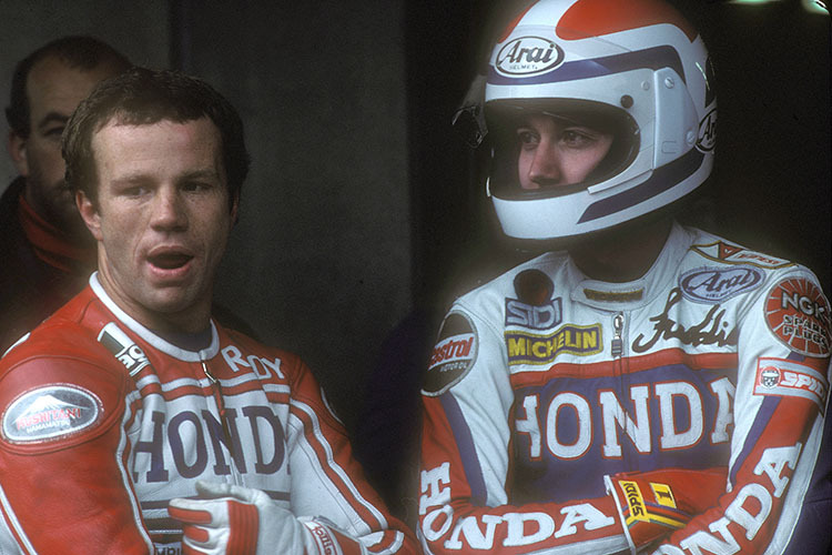 1984: Randy Mamola erstmals auf Honda, rechts Weltmeister Freddie Spencer