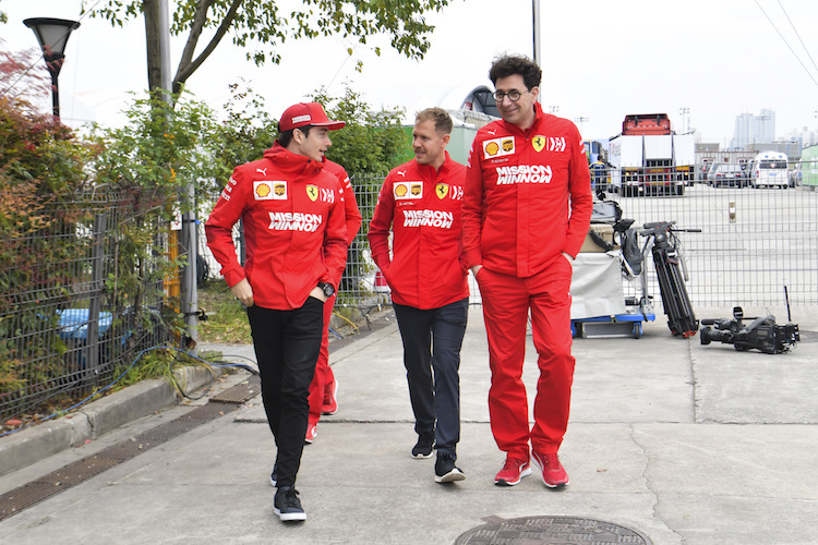 Charles Leclerc, Sebastian Vettel und Mattia Binotto