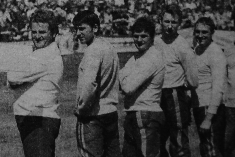 DDR-Nationalmannschaft mit Trainer Heinz Ramsch, Heinz Hoppe, Manfred Stein und Helmut Schadenberg (v.l.n.r.)