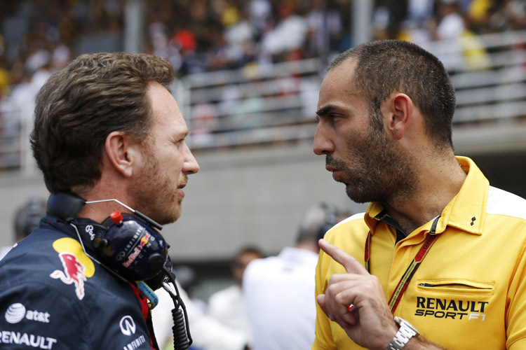 Renault-F1-Chef Cyril Abiteboul und Red Bull Racing-Teamchef Christian Horner erlebten im vergangenen Jahr eine böse Überraschung
