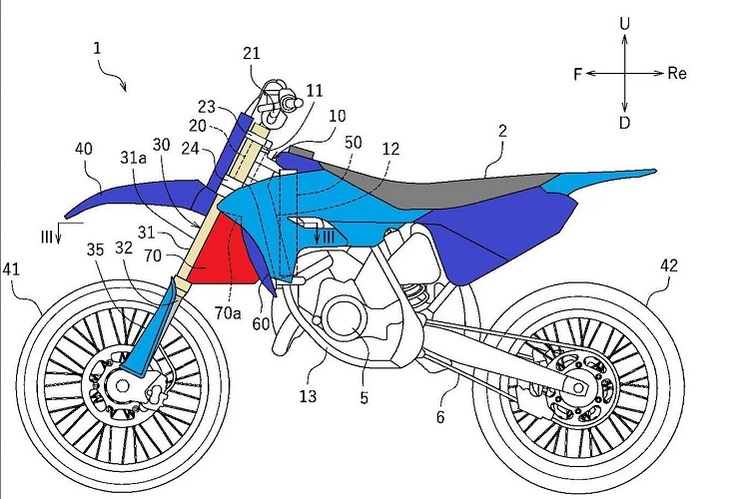 Patentzeichnung von Yamaha: Das Luftleitschild hinter dem (linken) Gabelholm ist rot eingefärbt