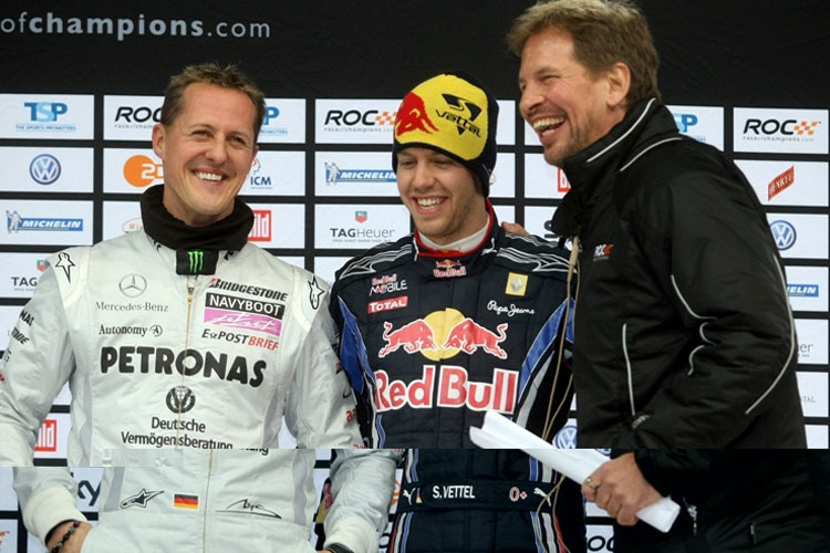 Michael Schumacher,Sebastian Vettel und Frederik Johnson (v.l.)