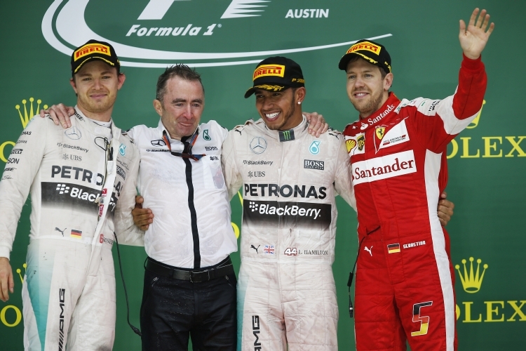 Nico Rosberg, Paddy Lowe, Lewis Hamilton & Sebastian Vettel