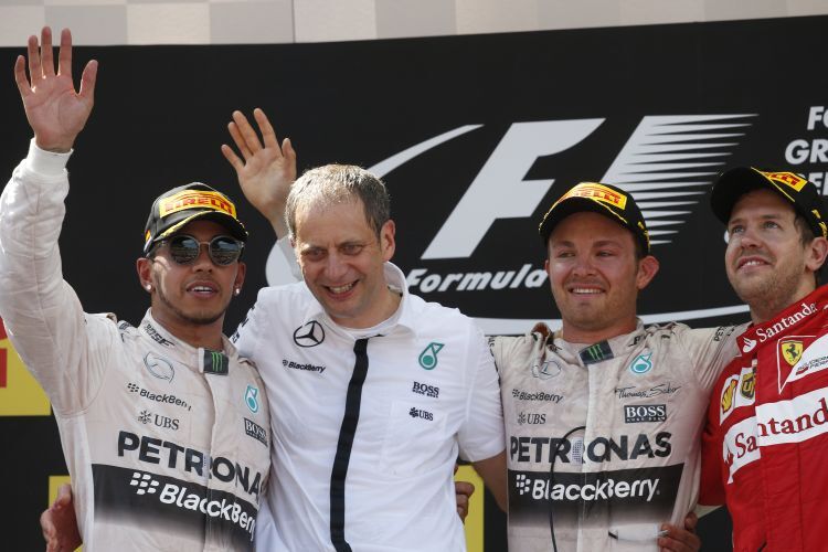 Das Podium in Barcelona: Hamilton, Rosberg, Vettel