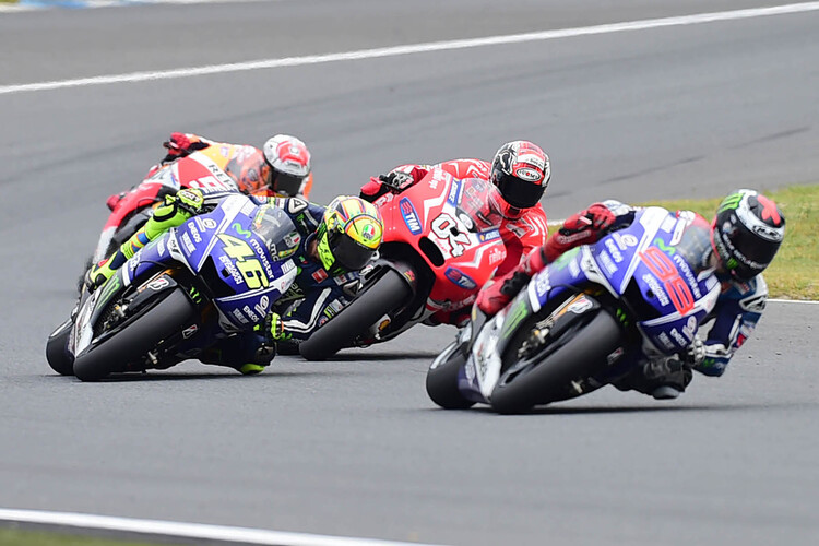 Japan-GP: Jorge Lorenzo (99) vor Rossi (46), Dovizioso (04) und Márquez