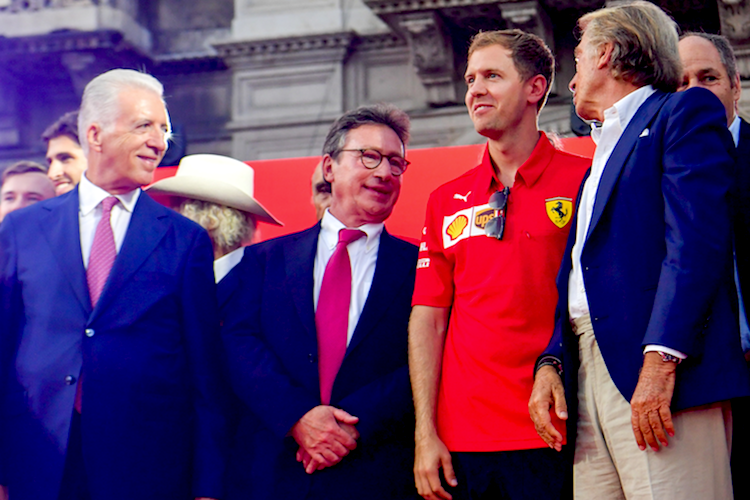 Piero Ferrari, Ferrari-CEO Louis Camilleri, Sebastian Vettel und Ex-Ferrari-Präsident Luca Montezemolo