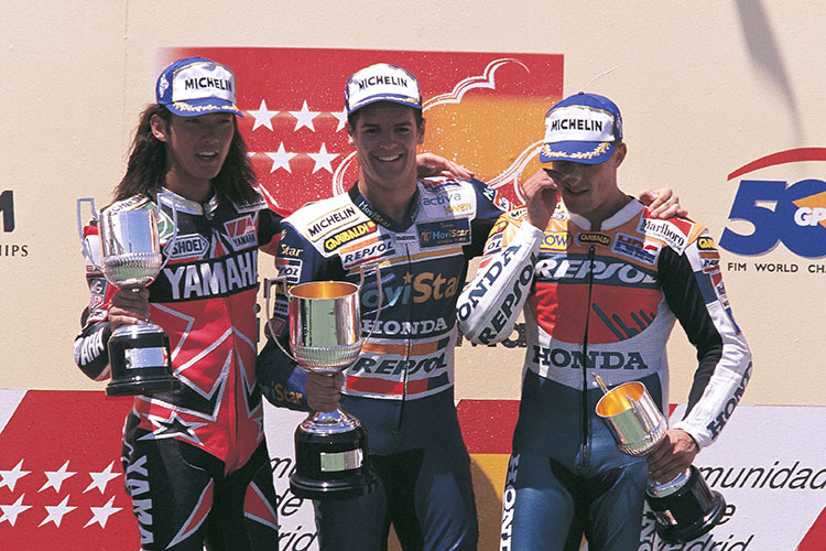 Norick Abe, Carlos Checa und Sete Gibernau beim Jarama-GP 1998