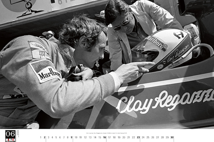 Niki Lauda und Clay Regazzoni, Erfolgs-Team von Ferrari Mitte der 1970er Jahre