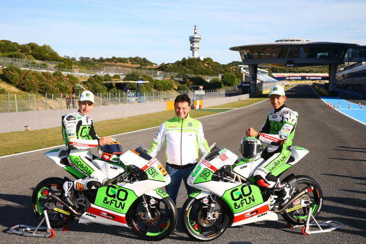 2014 in Jerez: Fausto Gresini mit seinen Moto3-Piloten Niccolò Antonelli (links) und Enea Bastianini