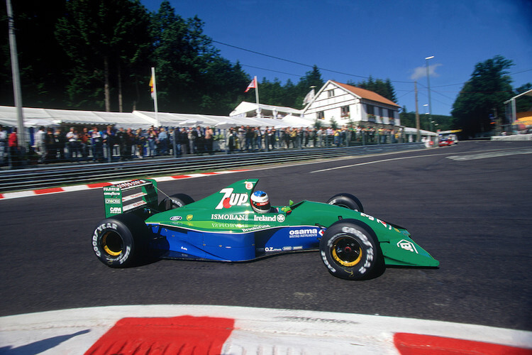 Michael Schumacher mit seinem Jordan-Ford in der La-Source-Haarnadel 1991
