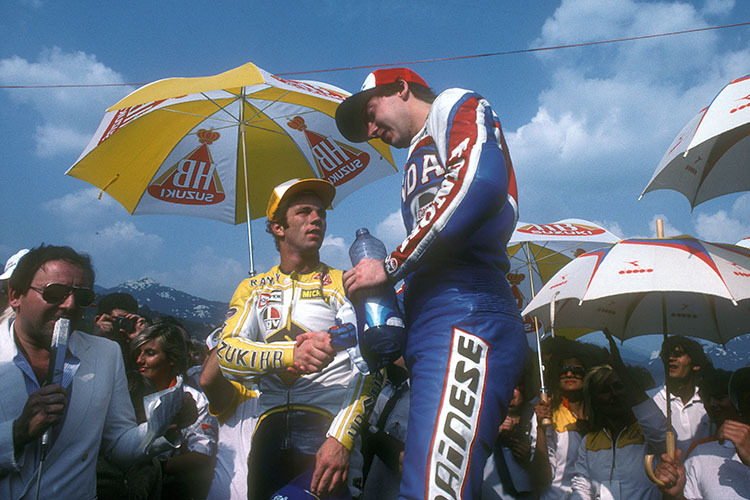 1983: Randy Mamola (Suzuki) mit Freddie Spencer (rechts)