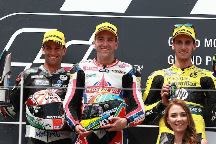 Podium des Moto2-Rennens: Zarco, Simeon, Rins