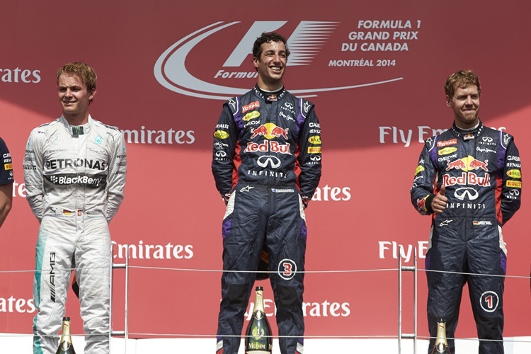 Die Top 3 des Rennens - Daniel Ricciardo siegt vor Nico Rosberg und Sebastian Vettel