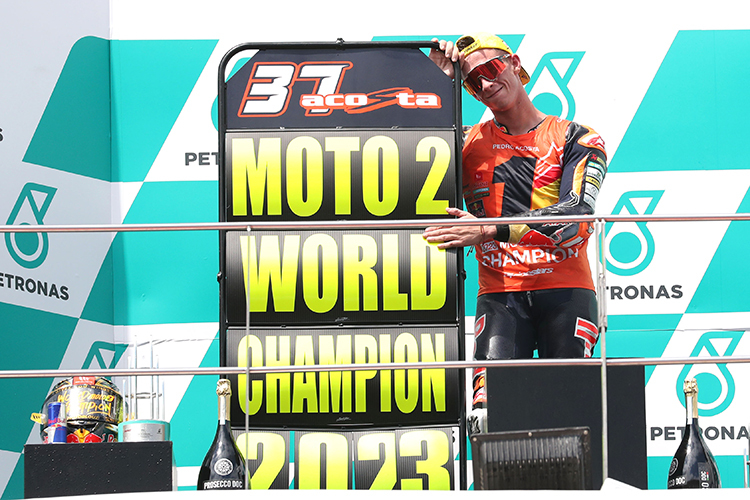 Job erledigt: Pedro Acosta kürt sich in Malaysia zum Moto2-Weltmeister 2023.