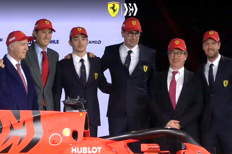 Von links: Piero Ferrari (Sohn von Enzo Ferrari), Ferrari-Präsident John Elkann, Charles Leclerc, Teamchef Mattia Binotto, Ferrari-CEO Louis Camilleri und Sebastian Vettel