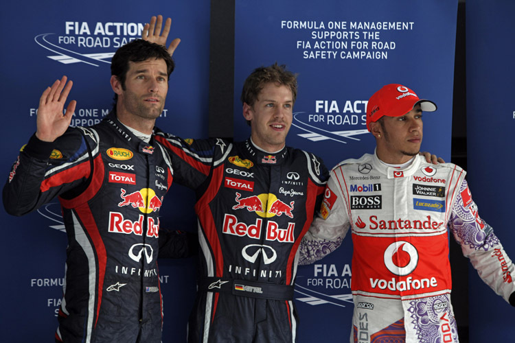 Webber (l.) mit Vettel und Hamilton (r.)
