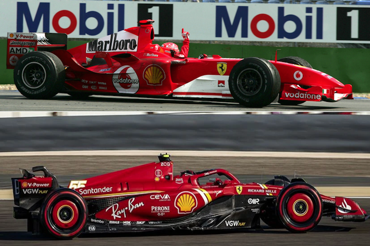 Ferrari F2004 mit 595 Kilogramm (oben) und SF-24 mit 798 kg (unten)