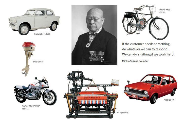 Firmengründer Michio Suzuki und einige seiner Produkte