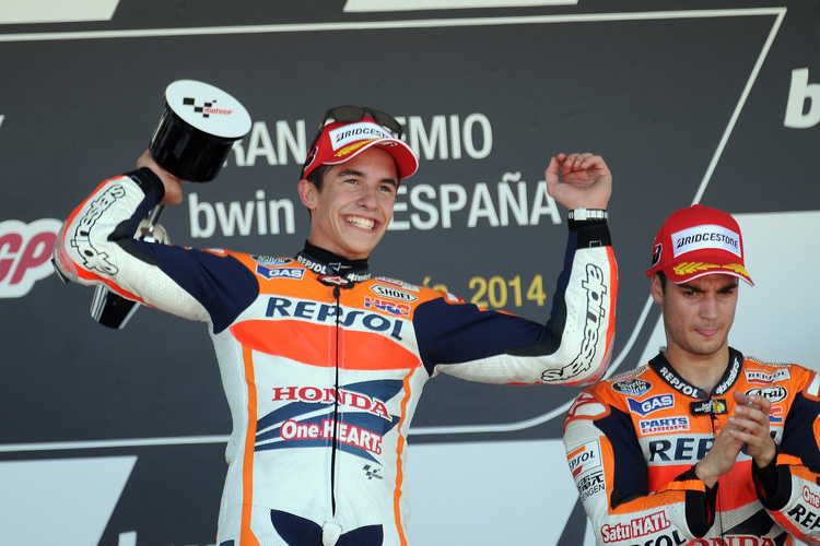 GP von Spanien 2014: Sieger Marc Márquez, daneben Dani Pedrosa (3.)