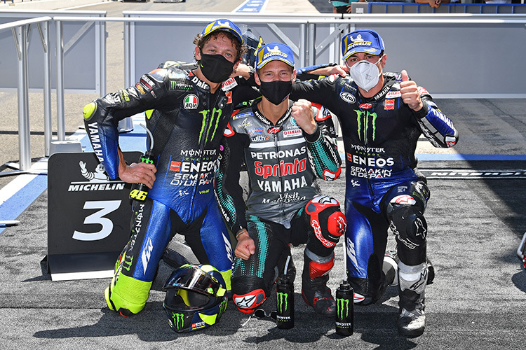Ein Bild aus besseren Zeiten: Yamaha am 26. Juli in Jerez mit drei Fahrern auf dem Podest