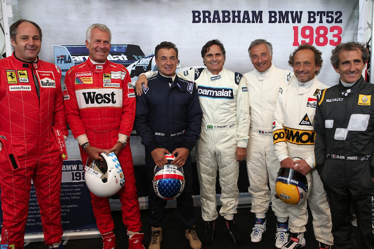 Jean Alesi (Dritter von links) mit den früheren GP-Piloten Berger, Danner, Piquet, Patrese, Martini und Prost