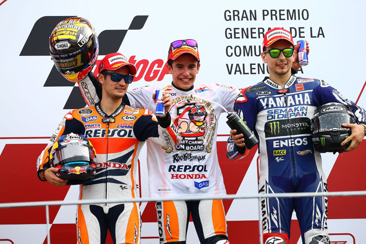 Podest: Pedrosa, Weltmeister Márquez und Valencia-Sieger Lorenzo