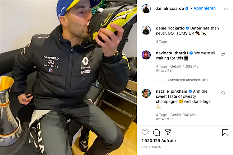 Daniel Ricciardo holt den «Shoey» nach