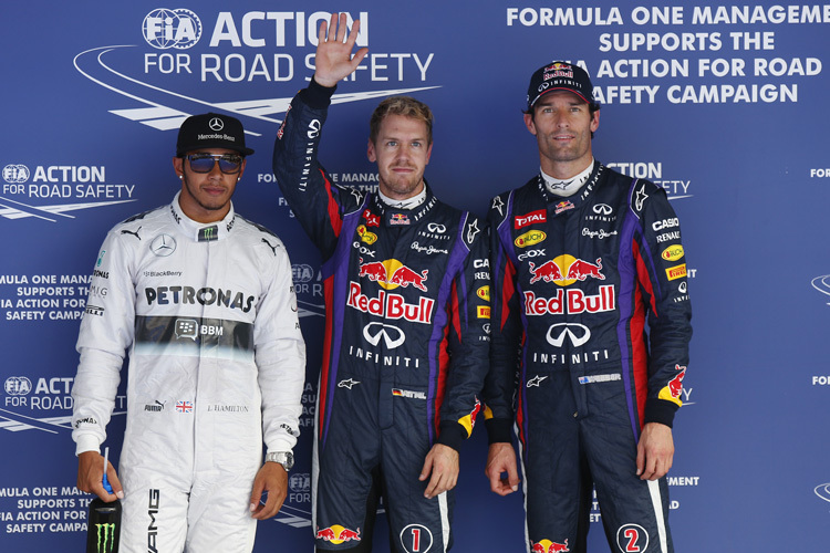 Dritte Pole für Vettel in Folge, vor Hamilton (links) und Webber (rechts)