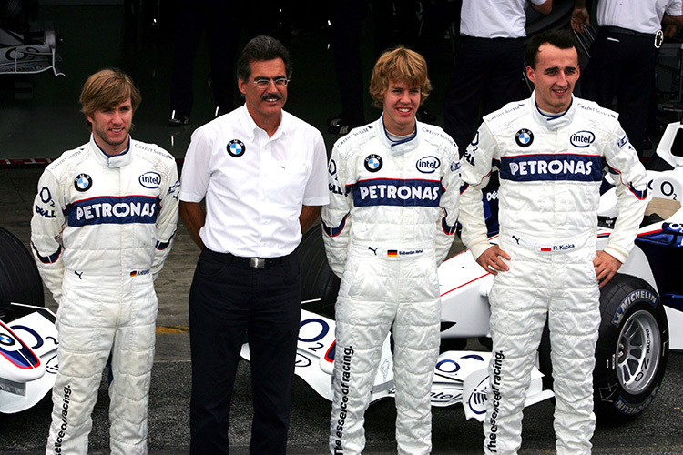Sauber 2006: Nick Heidfeld, Sportchef Dr. Mario Theissen, Sebastian Vettel und Robert Kubica