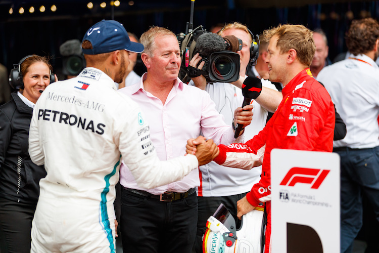 Martin Brundle mit Lewis Hamilton und Sebastian Vettel