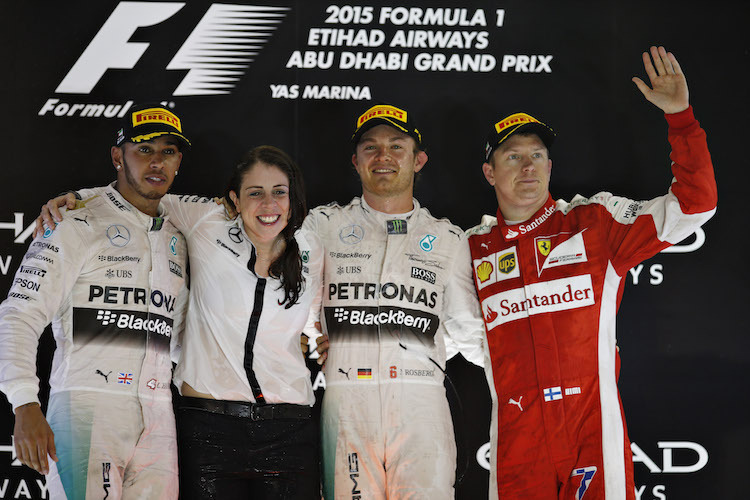 Das Podium auf Yas Island: Hamilton, Rosberg, Raikkonen
